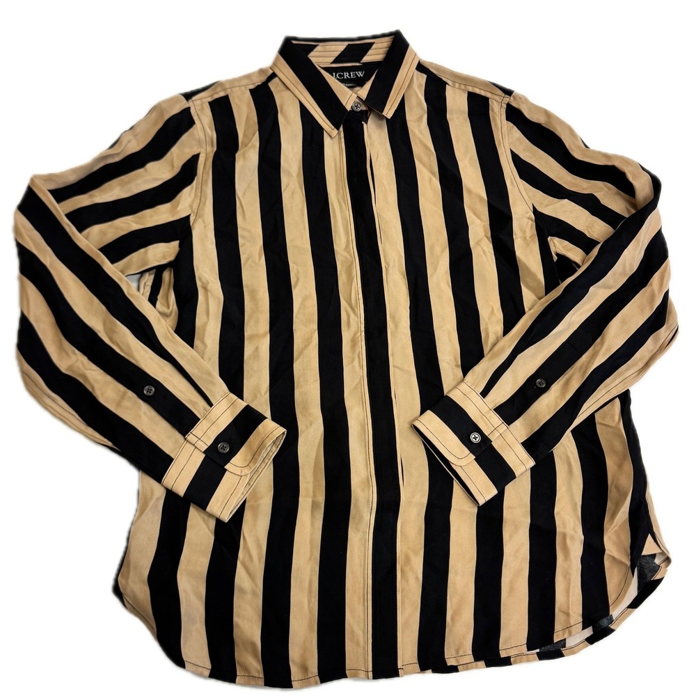 J Crew Shirt Womens Size 6 Tan Black Stripe Classic Fit Cupro Blend - Picture 2 of 9